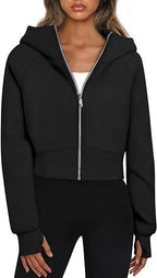 Women's Cropped Hoodie with Zipper and Elastic Hem