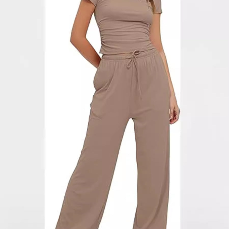 Casual Two-Piece Set with Cropped Top and Wide-Leg Pants