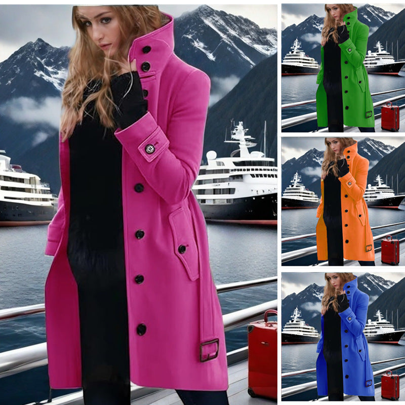 Elegant Trench Coat with High Collar and Double-Breasted Button Placket