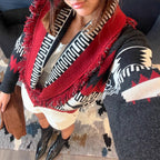 Women's Knit Cardigan with Fringed Details and Geometric Pattern