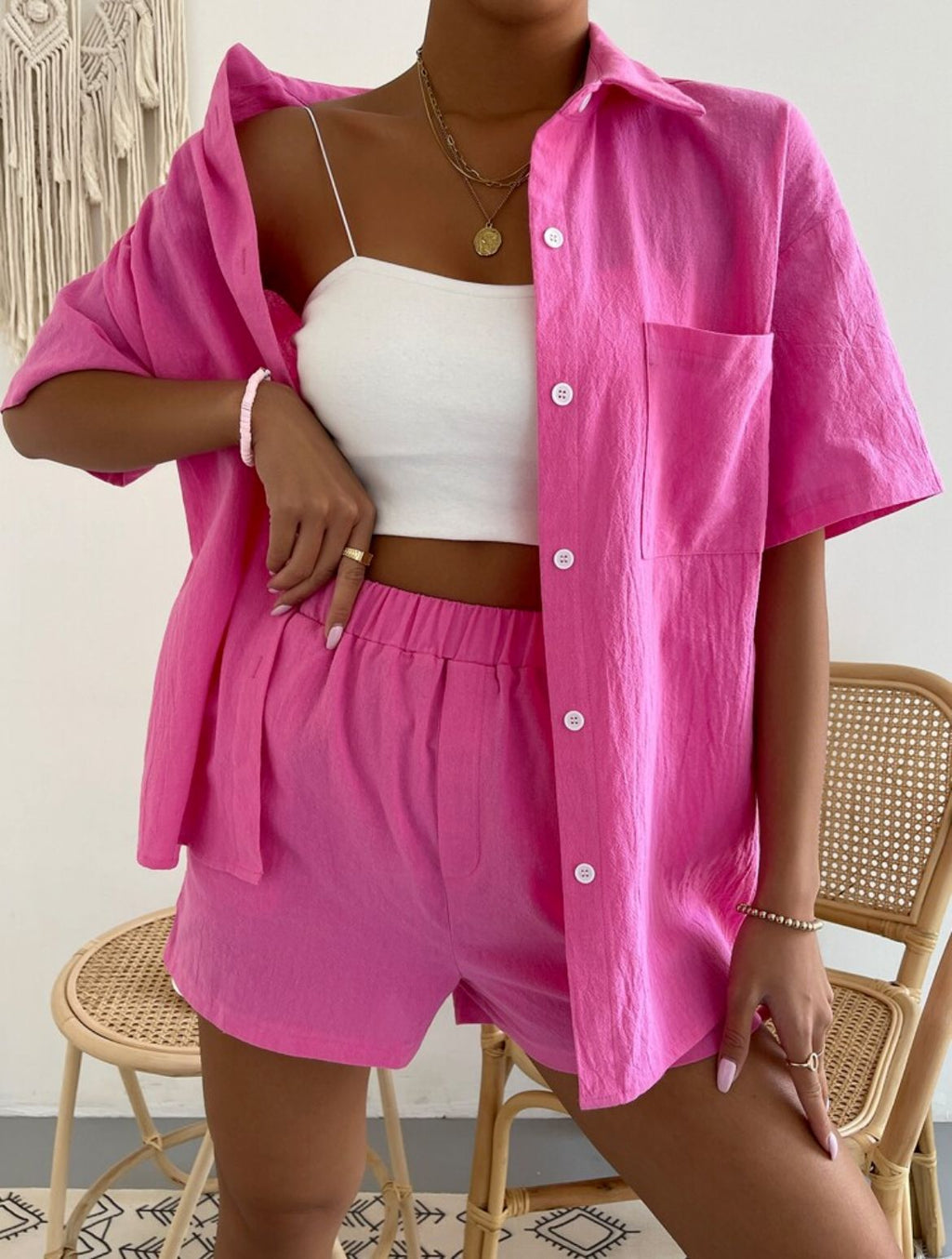 Women's Lightweight Linen Loungewear Set with Chest Pocket