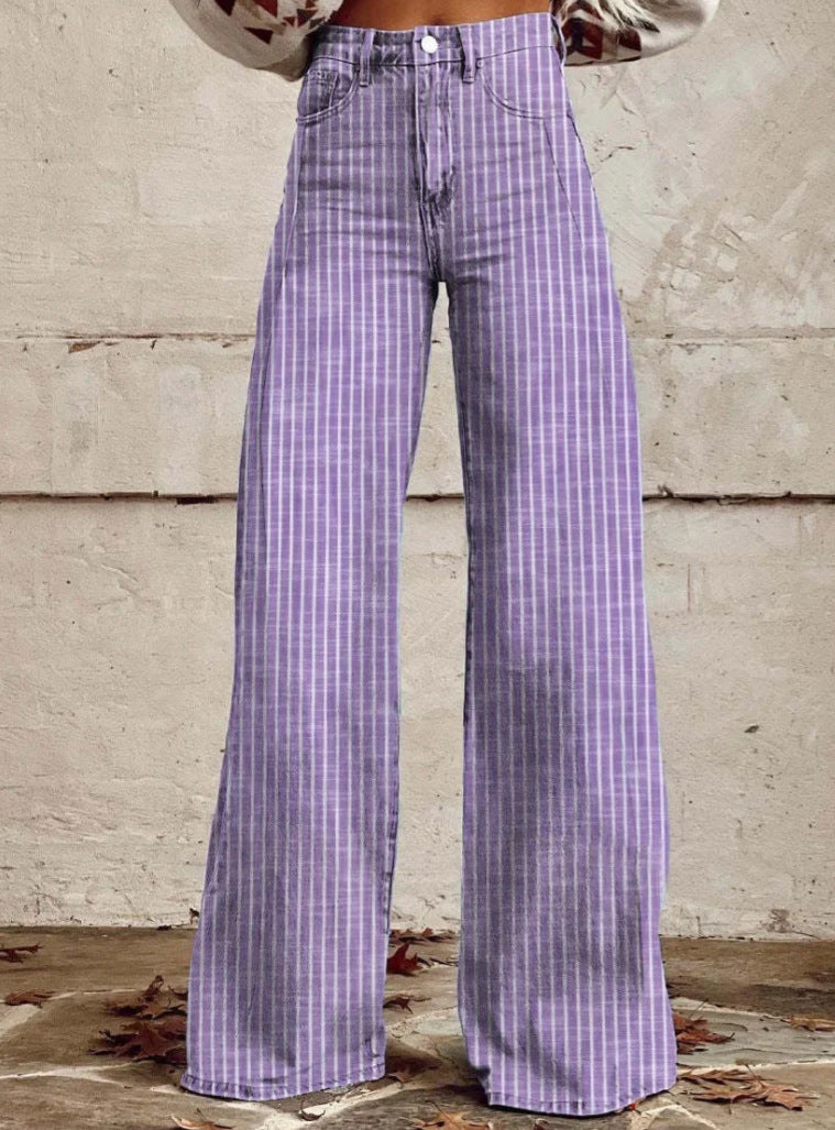 Women's High-Waisted Wide-Leg Jeans with Modern Stripe Detail