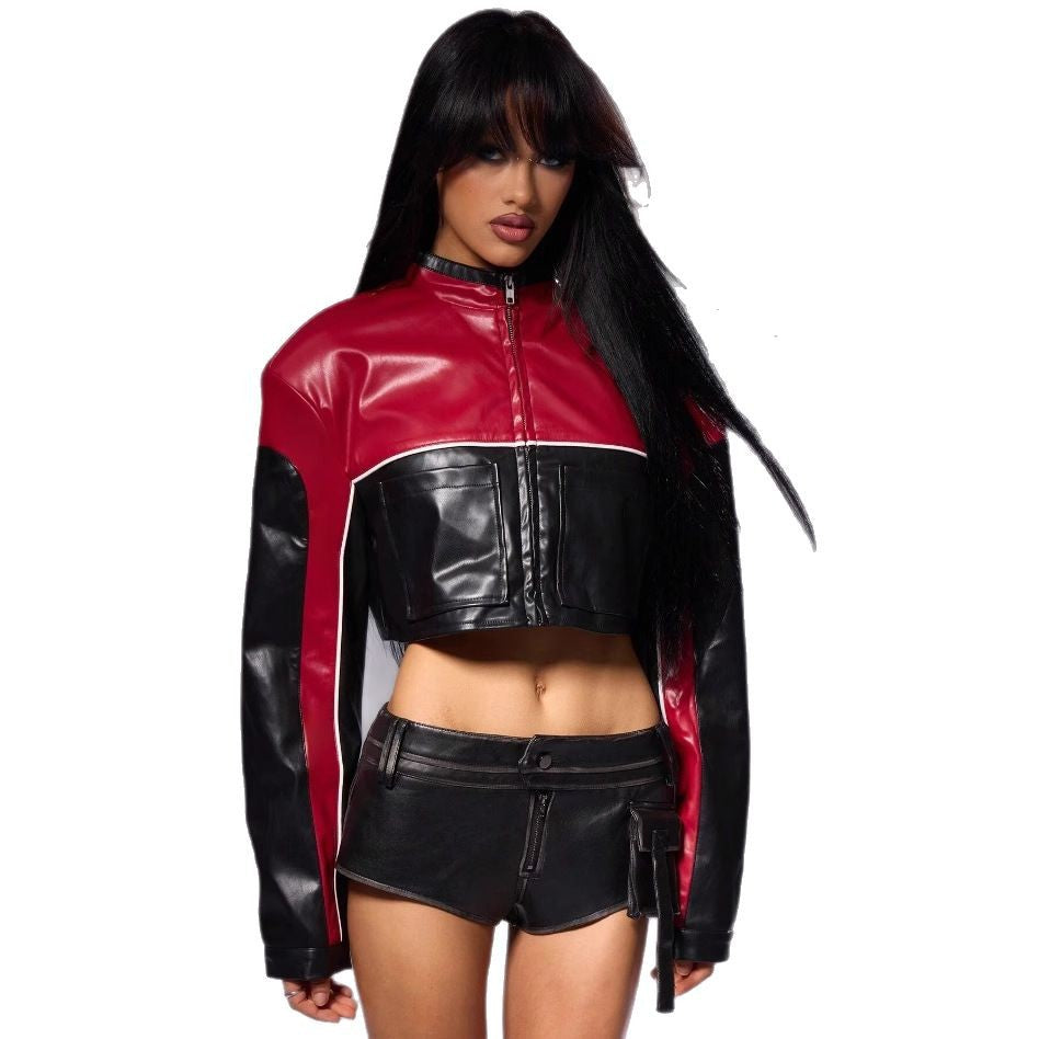 Women's Cropped Biker Jacket with Contrasting Sleeves