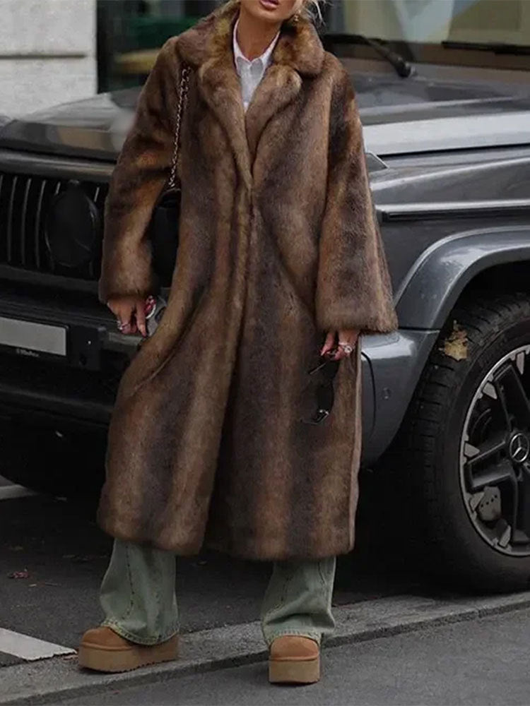 Women's Long Faux Fur Coat with Wide Lapel and Casual Fit