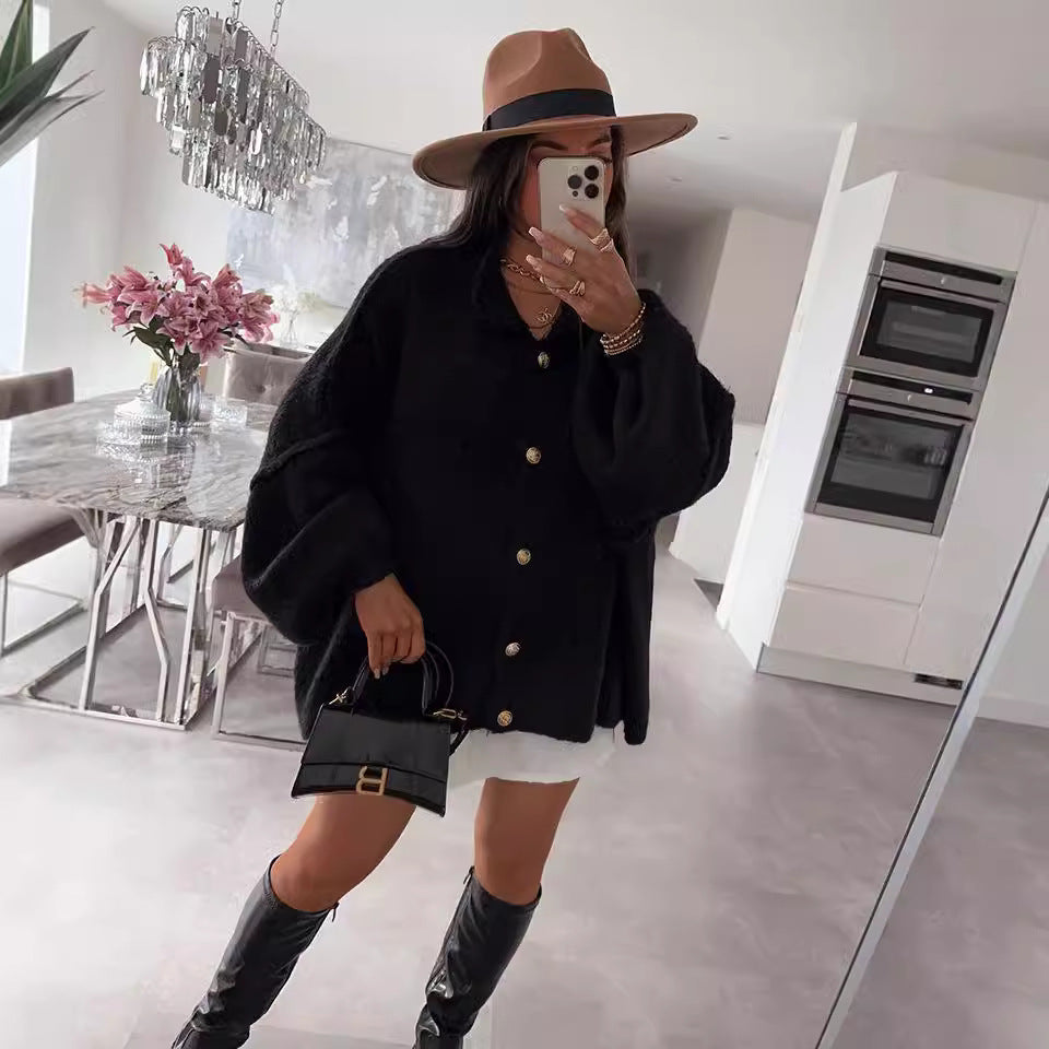 Women's Chunky Knit Sweater with Voluminous Sleeves and Comfortable Fit