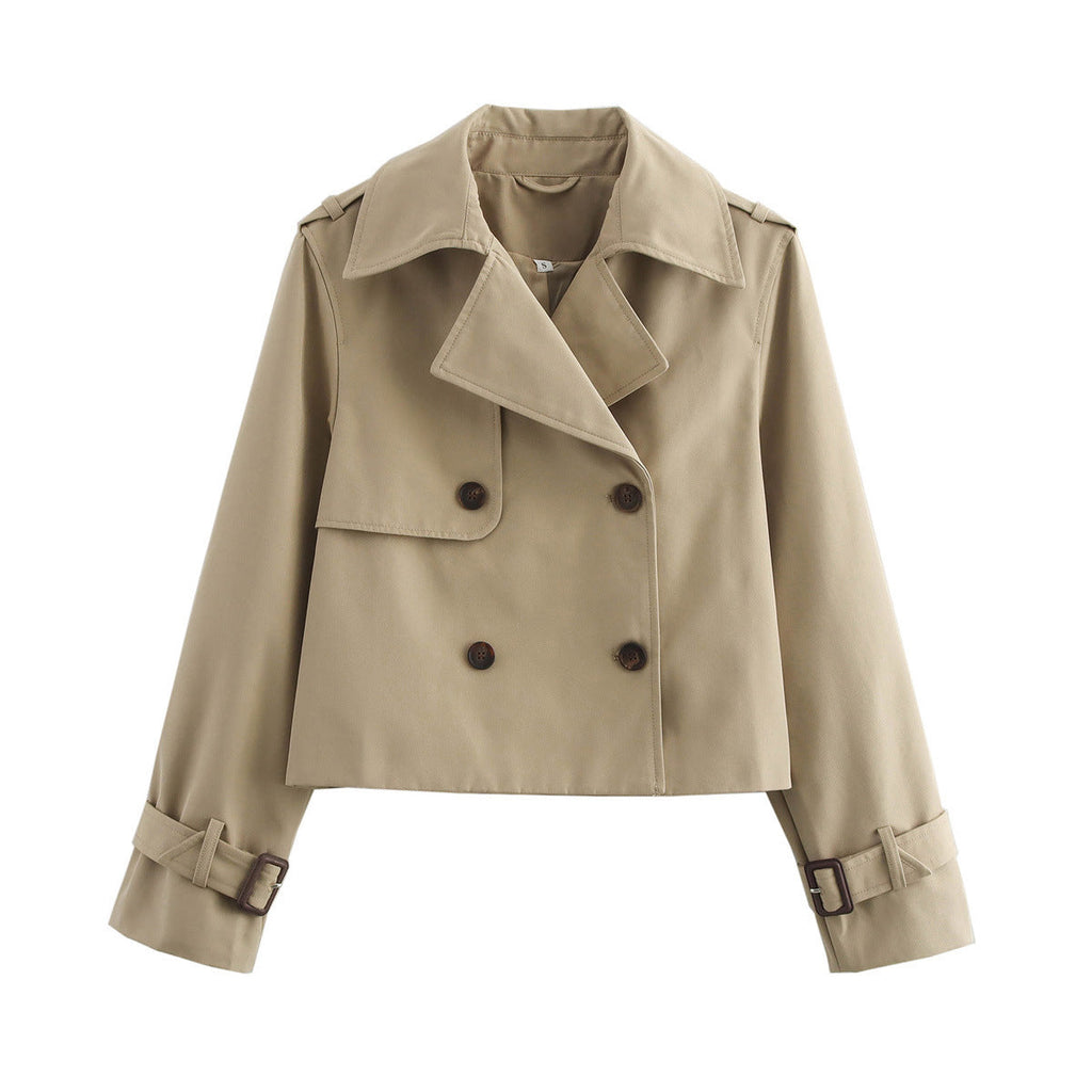 Women's Cropped Trench Jacket with Double-Breasted Button Placket and Adjustable Sleeves
