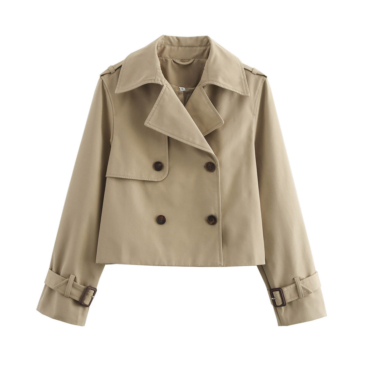 Women's Cropped Trench Jacket with Double-Breasted Button Placket and Adjustable Sleeves