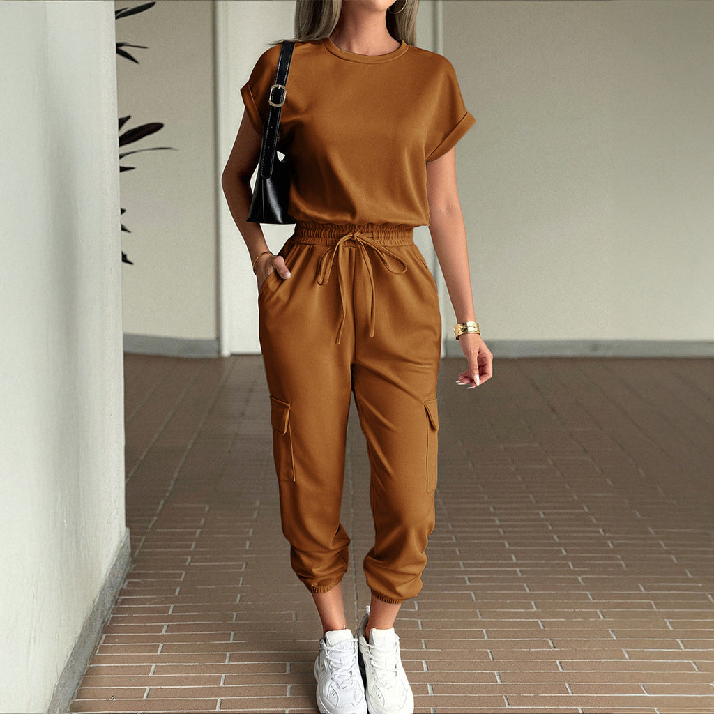 Women's Casual Two-Piece Set with Elastic Waist and Side Pockets