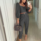 Elegant Women's Cropped Top and High-Waisted Trousers Set