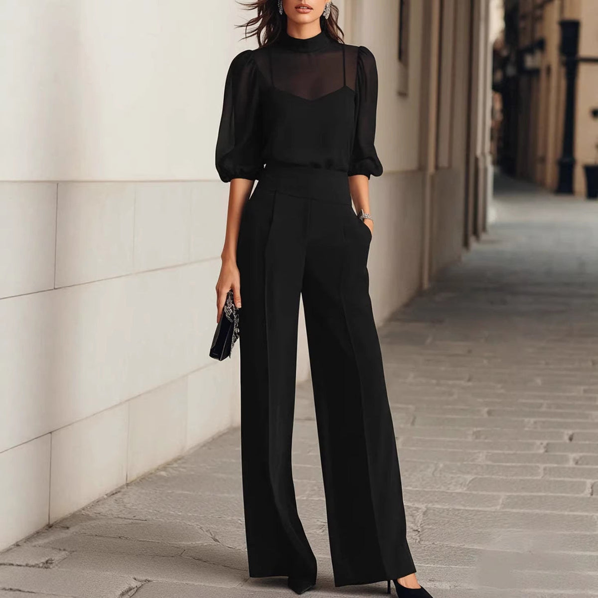 Women's Elegant Blouse Set with Wide-Leg Trousers and Sheer Sleeves
