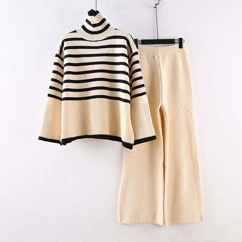 Women's Casual Knit Ensemble with High Collar and Wide Sleeves
