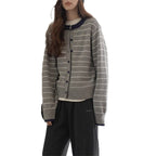 Women's Cozy Knit Cardigan with Youthful Striped Pattern and Practical Button Closure
