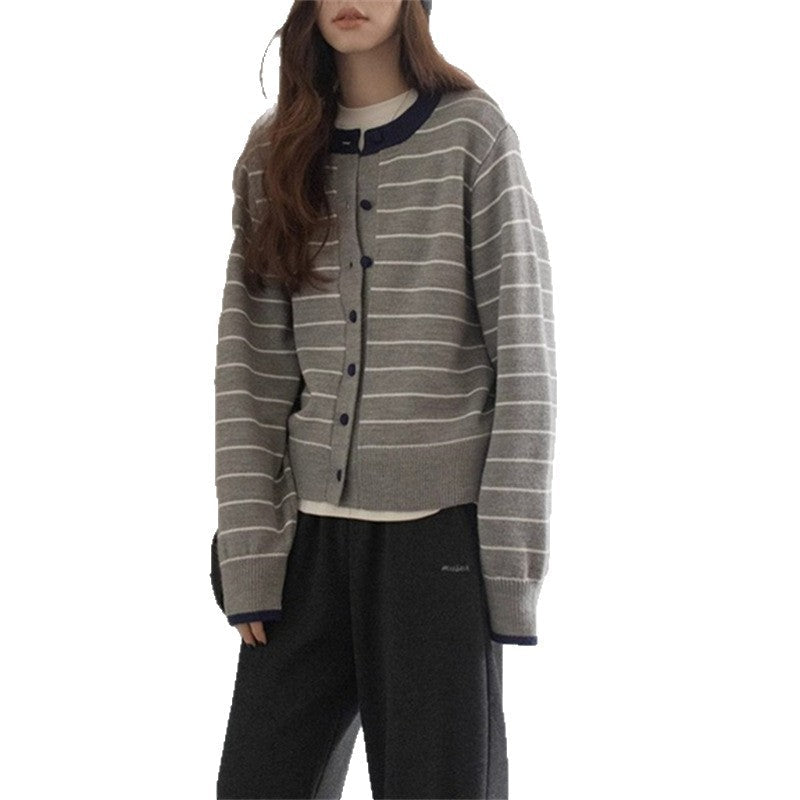 Women's Cozy Knit Cardigan with Youthful Striped Pattern and Practical Button Closure
