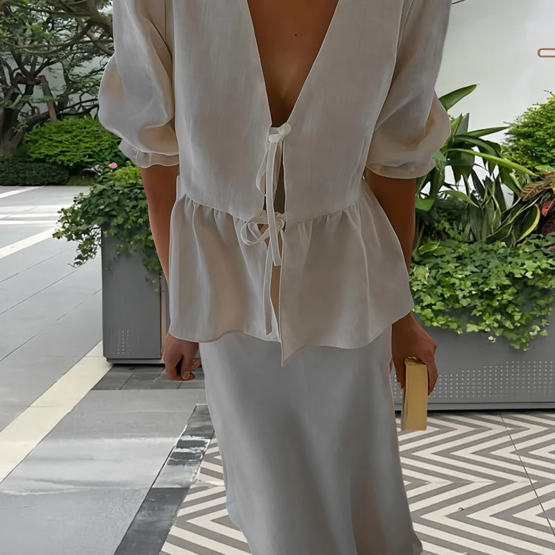 Women's Deep V-Neck Blouse with Ruffle Details