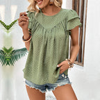 Women's Blouse with Simple Ruffle Sleeves and Fine Polka Dot Pattern