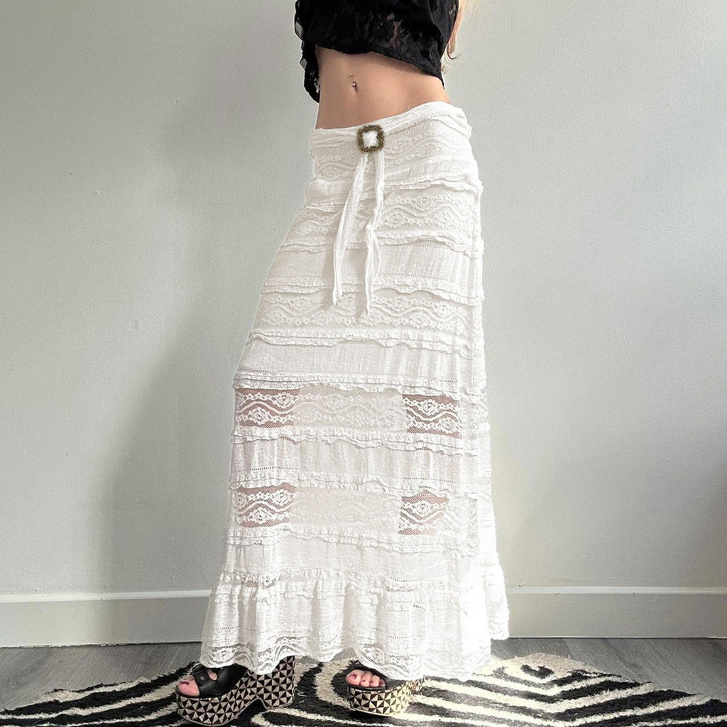 Women's Midi Skirt with Ruffled Hem and Decorative Waist Belt
