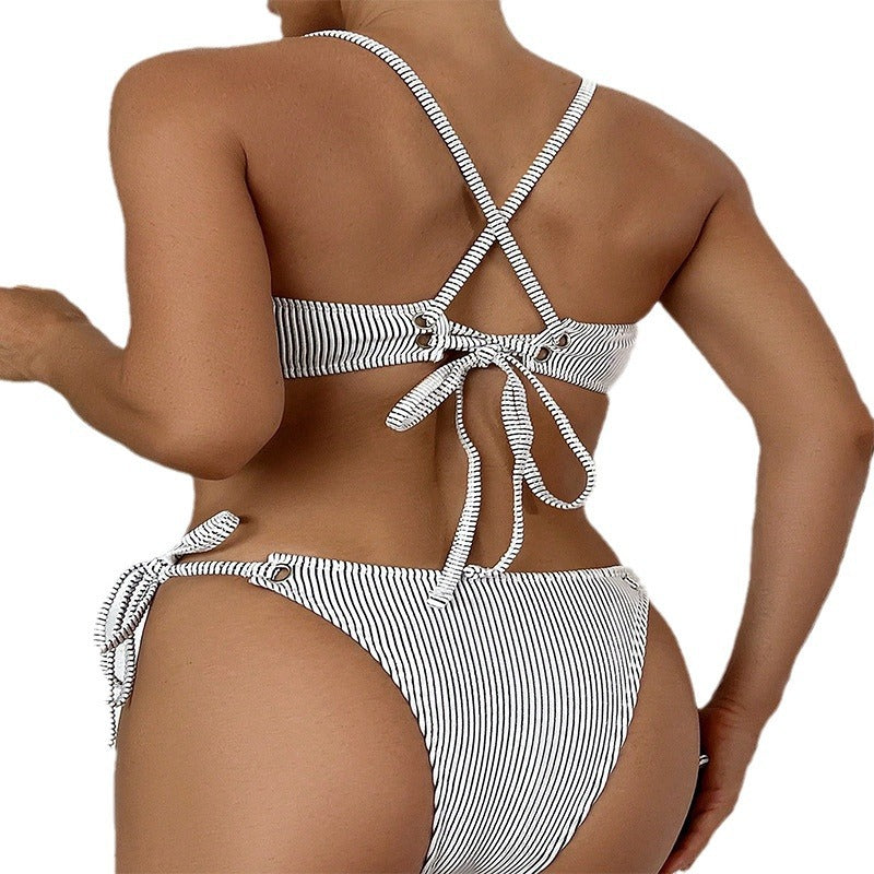 Women's Striped Bandeau Bikini with Adjustable Straps