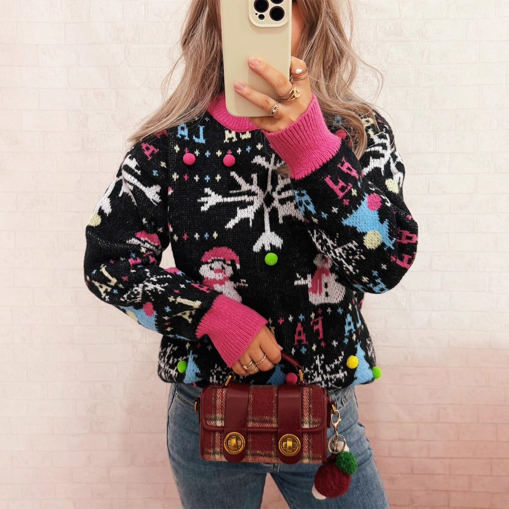 Women's Festive Sweater with Colorful Holiday Motifs and Playful Details
