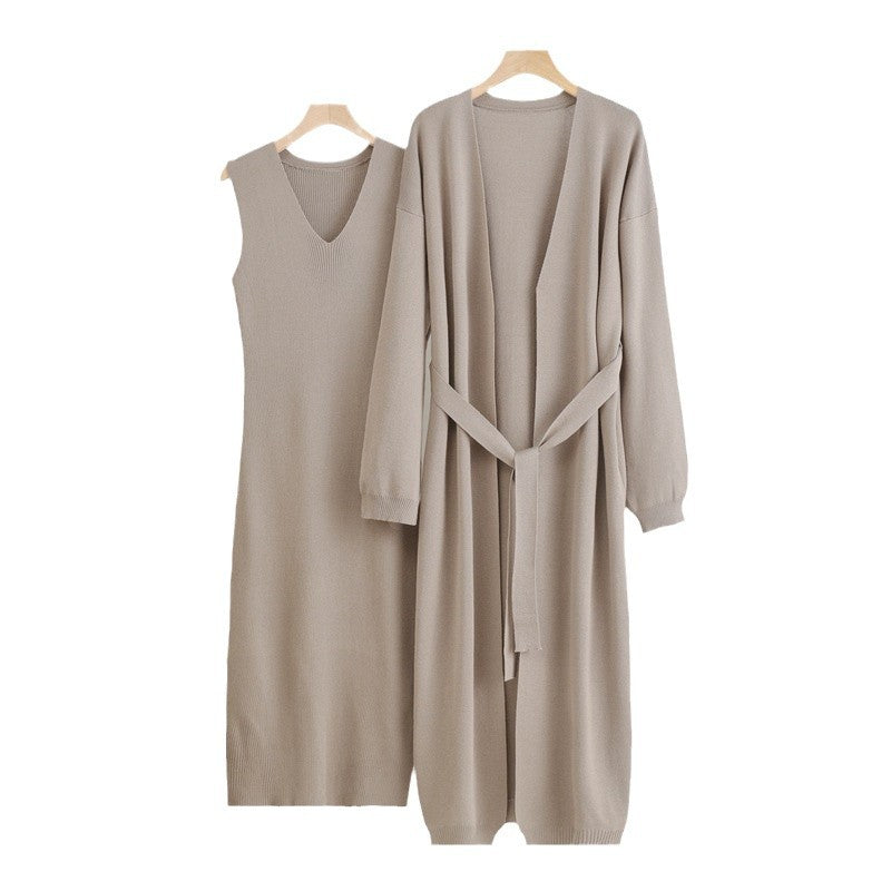 2-Piece V-Neck Dress and Cardigan Set