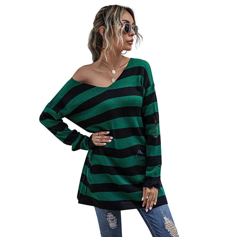 Women's Striped Oversized Sweater with Deep V-Neck and Trendy Cut-Outs