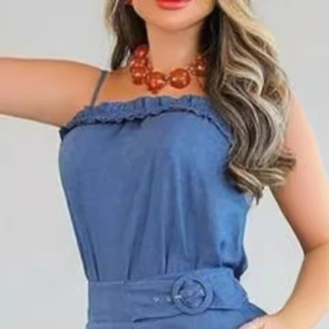 Women's Casual Jumpsuit with Ruffle Details and Adjustable Waist Belt