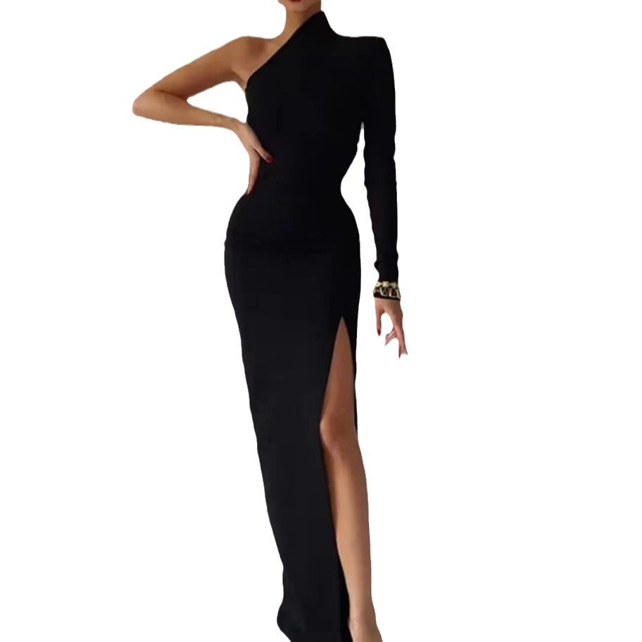 Elegant Asymmetrical Evening Dress with High Slit and Long Sleeve