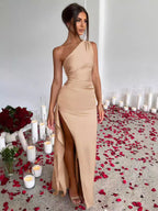 Women's Asymmetrical Evening Dress with Elegant Slit and Flowing Material