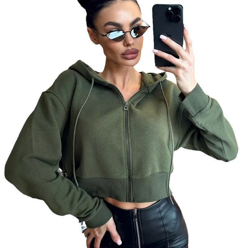 Women's Cropped Hoodie with Zipper and Casual Fit
