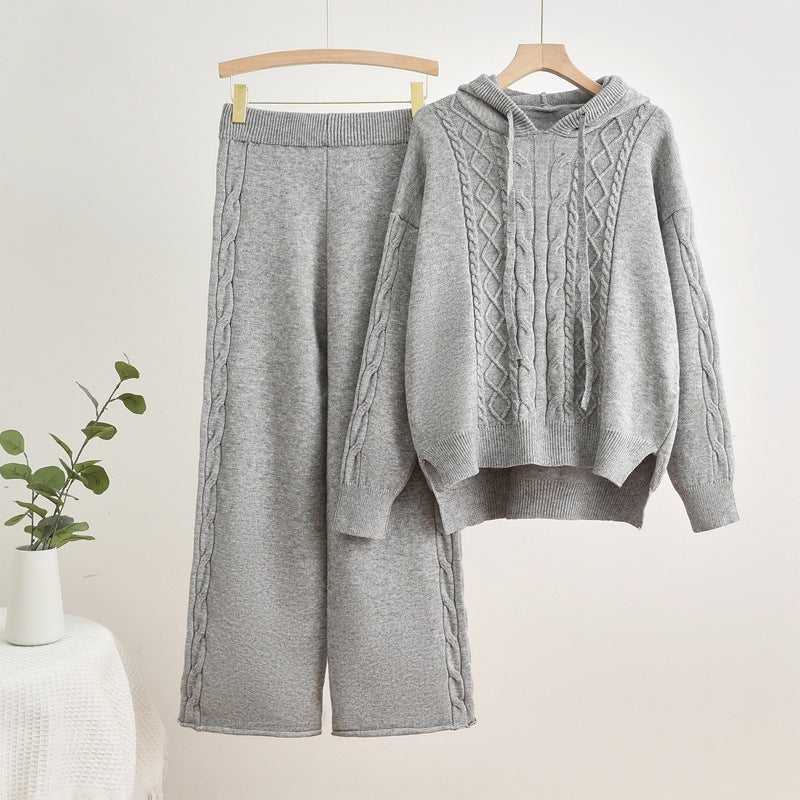 Women's Casual Knit Loungewear Set with Hood and Wide Legs