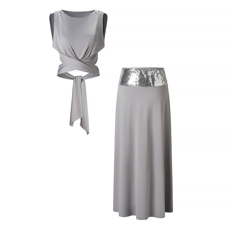 Women's Elegant Wrap Top and Maxi Skirt with Sequin Waistband