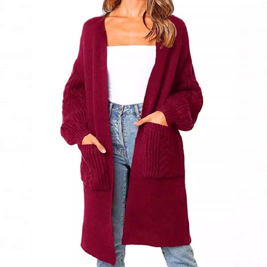 Women's Large Knit Cardigan with Voluminous Sleeves and Practical Pockets
