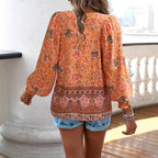 Women's Blouse with Floral Patterns and Tie Neckline