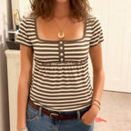 Women's Short-Sleeve Blouse with Gathered Hem and Button Placket