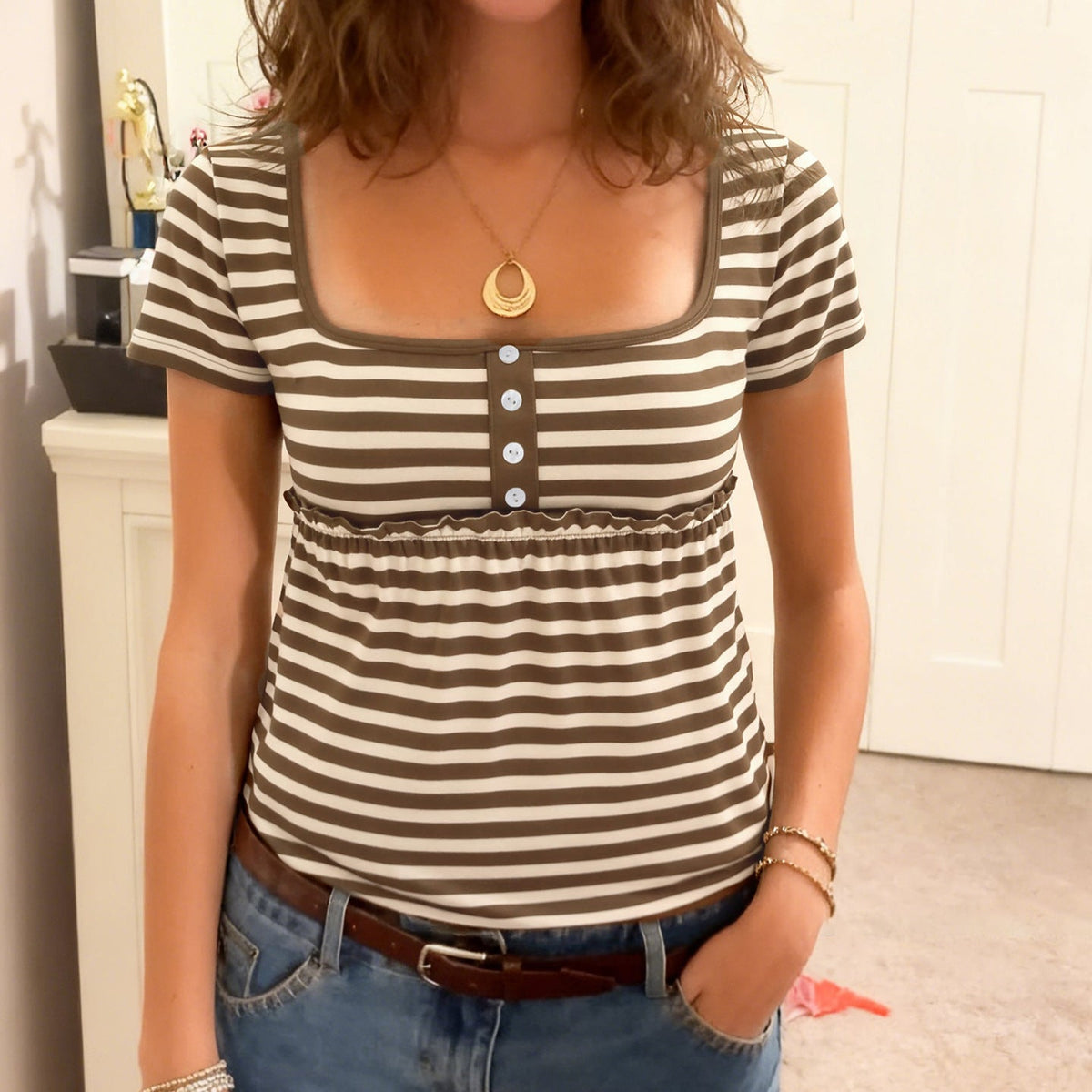 Women's Short-Sleeve Blouse with Gathered Hem and Button Placket