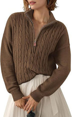 Women's Chunky Knit Sweater with Mock Neck and Half-Zip