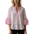 Women's Blouse with Voluminous Ruffle Sleeves and Floral Design