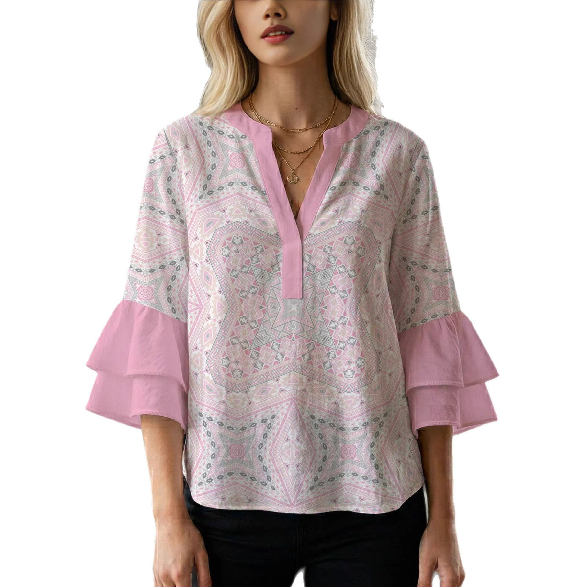 Women's Blouse with Voluminous Ruffle Sleeves and Floral Design