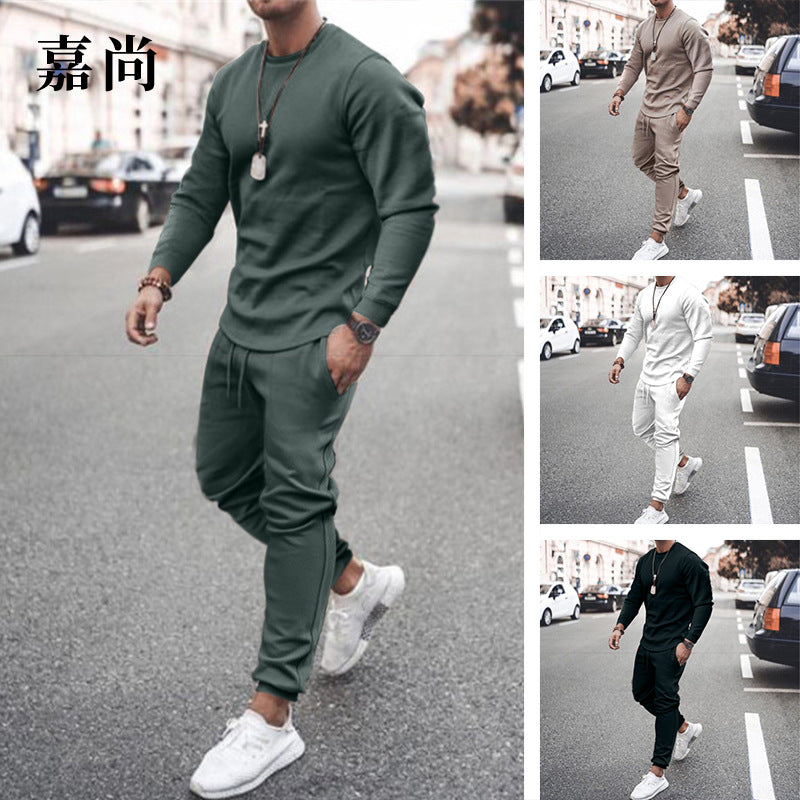 Men's Casual Crew Neck Training Set made of Stretch Cotton Blend with Drawstring Joggers
