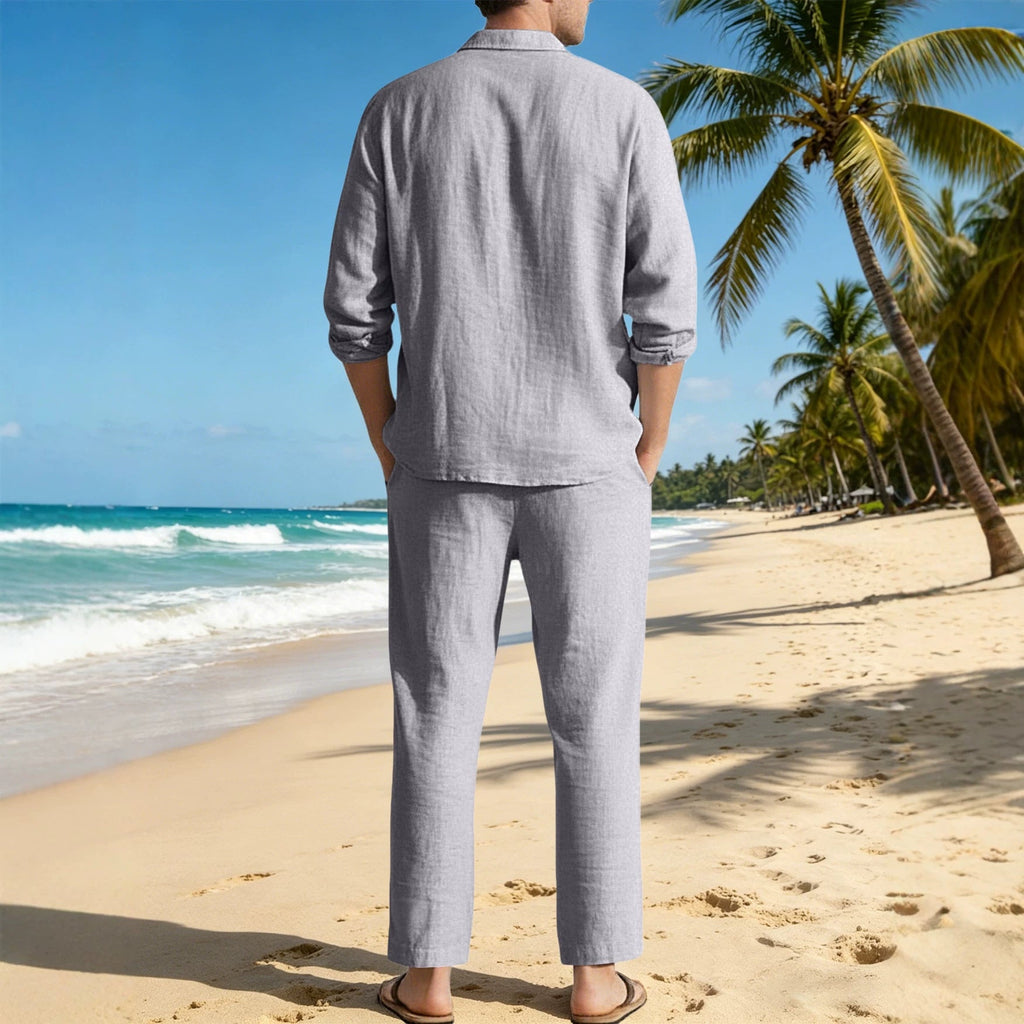 Men's relaxed linen set with open shirt collar and loose drawstring pants