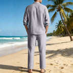 Men's relaxed linen set with open shirt collar and loose drawstring pants