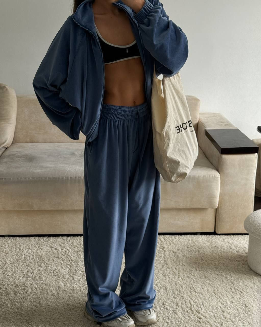 Women's Casual Lounge Two-Piece Set with Oversized Zip Jacket and Wide Leg Pants