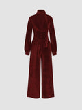 Women's Elegant Velvet Jumpsuit with Collar and Wide Leg