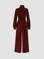 Women's Elegant Velvet Jumpsuit with Collar and Wide Leg