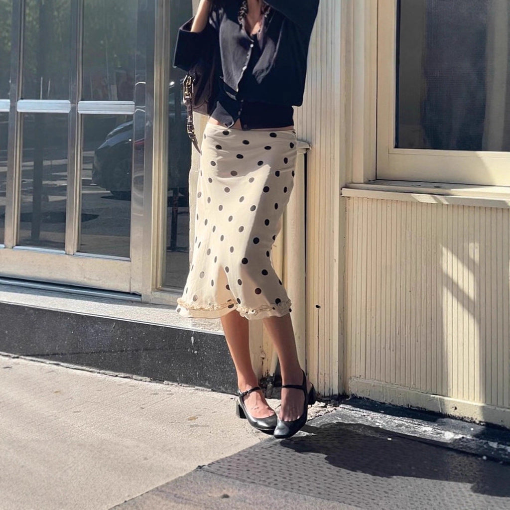 Women's Polka Dot Pencil Skirt with Delicate Lace Trim