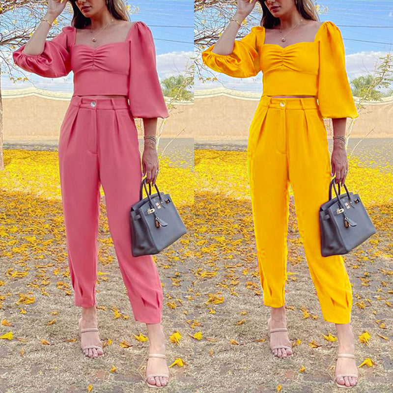 Elegant Women's Cropped Top and High-Waisted Trousers Set