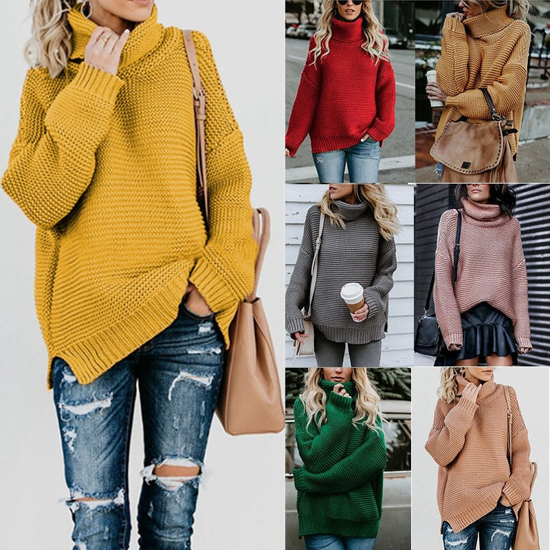 Women's Chunky Knit Sweater with High Collar and Casual Fit