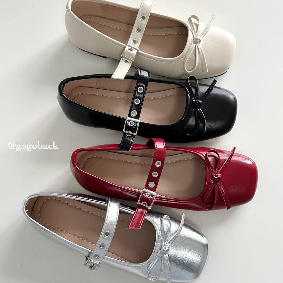 Women's Ballet Flats with Bow Accent and Adjustable Strap