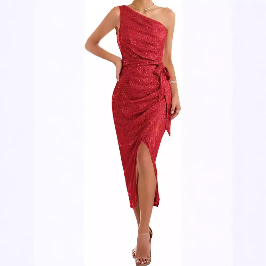 Women's Asymmetrical Evening Dress with Sequins and High Slit