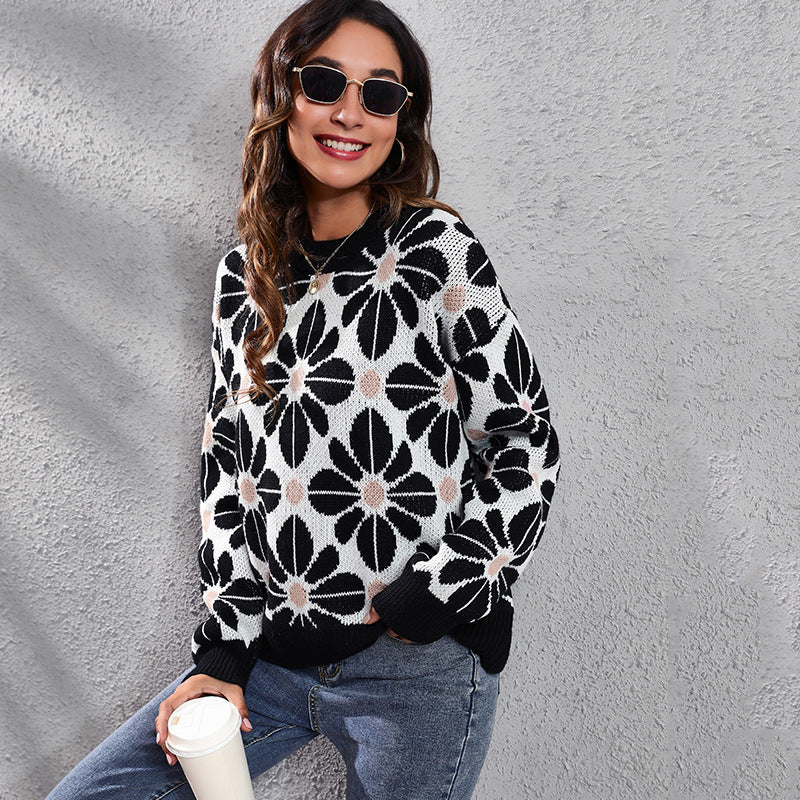 Women's Patterned Knit Sweater with Floral Design and High Collar