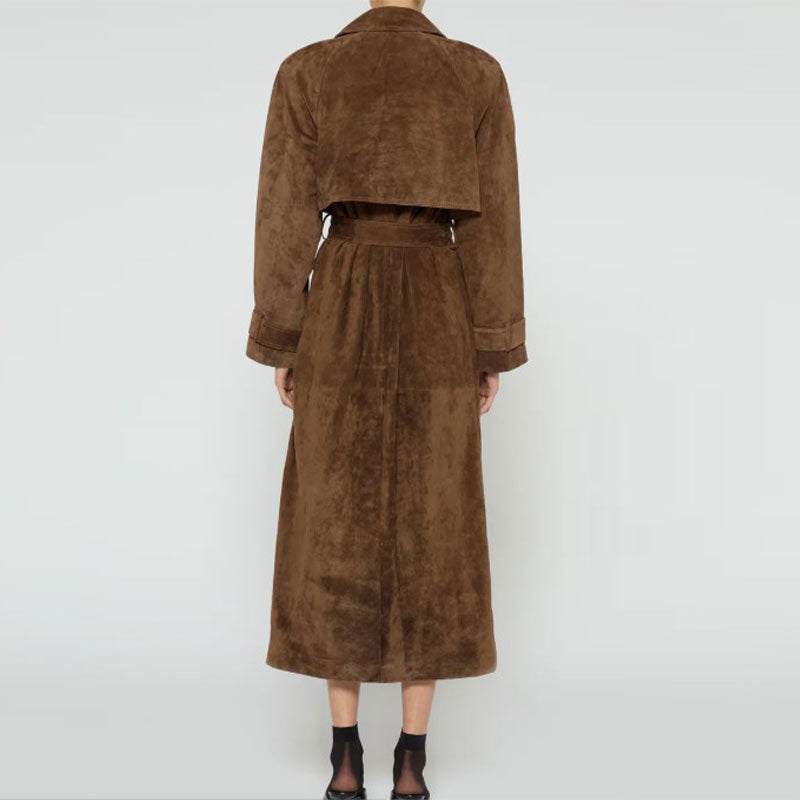Women's Elegant Suede Trench Coat with Tailored Fit and Detachable Belt